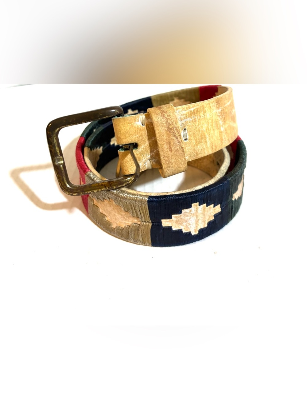 Leather Men’s Belt raw leather with Navy, Tan & Red Geo Inlay Size 85